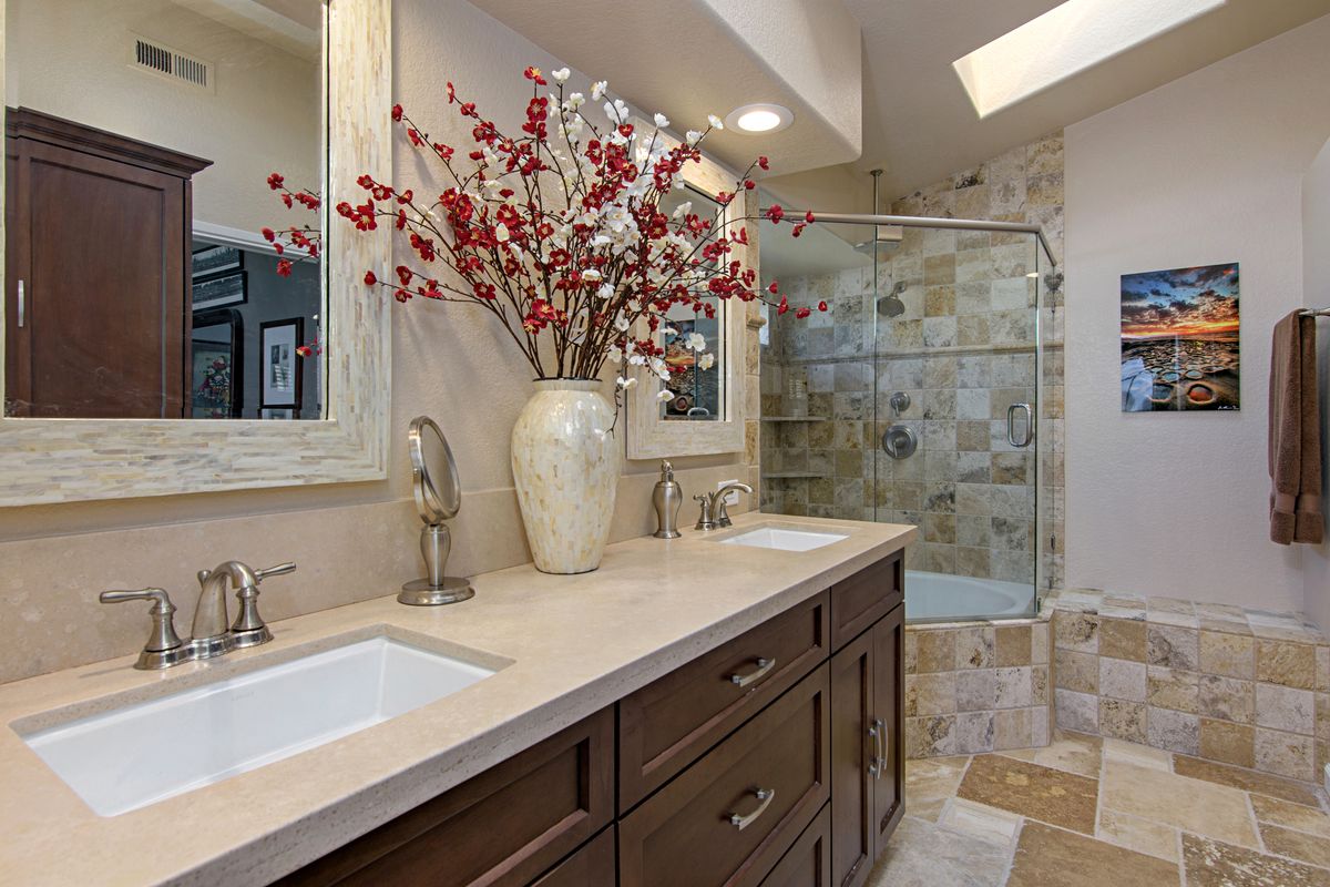 Detail: glass tile chair rail and pedestal sink, 23-year-old bath