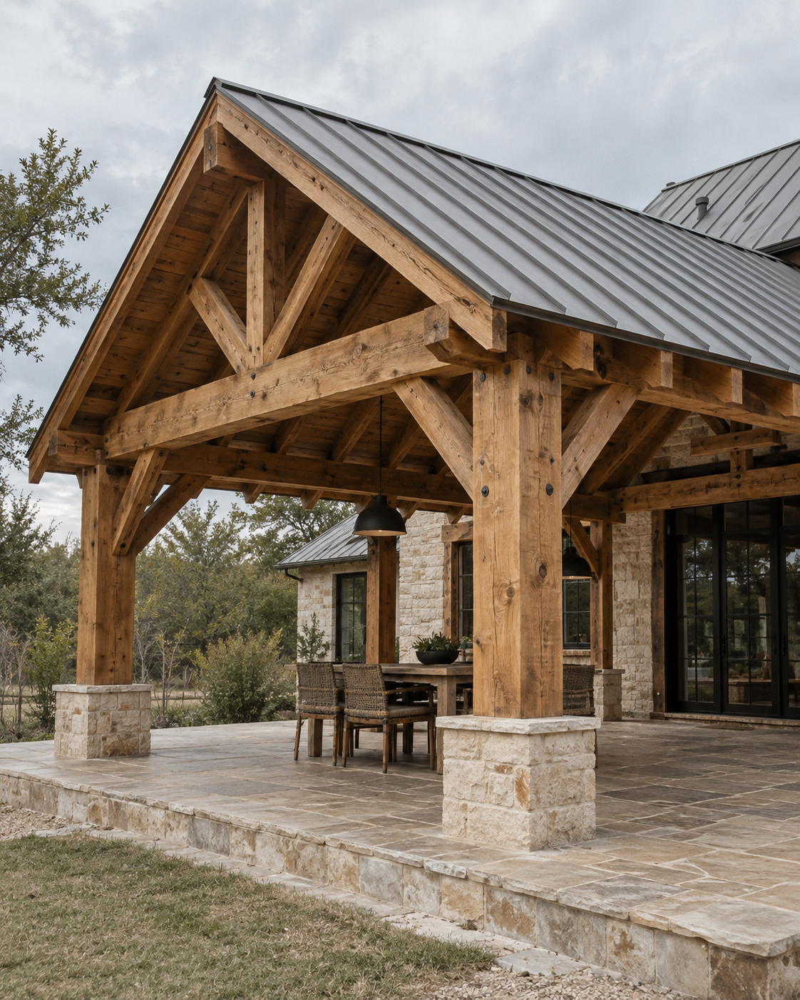 Timber-framed covered patio with a metal roof and stone columns