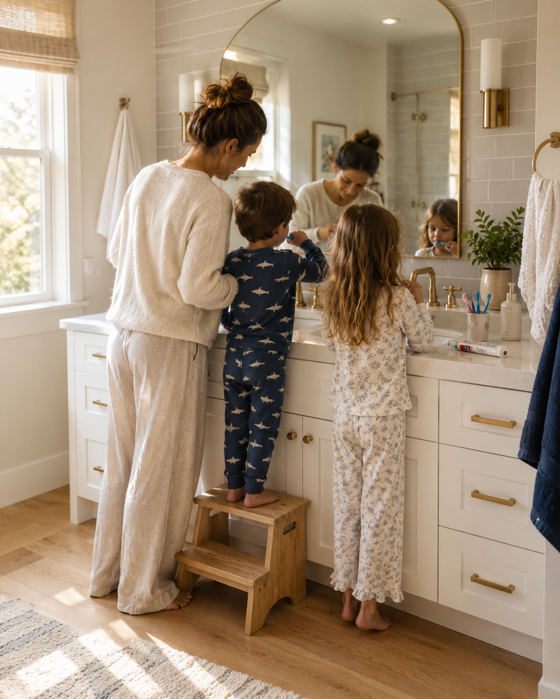 Family getting ready together in a bright bathroom