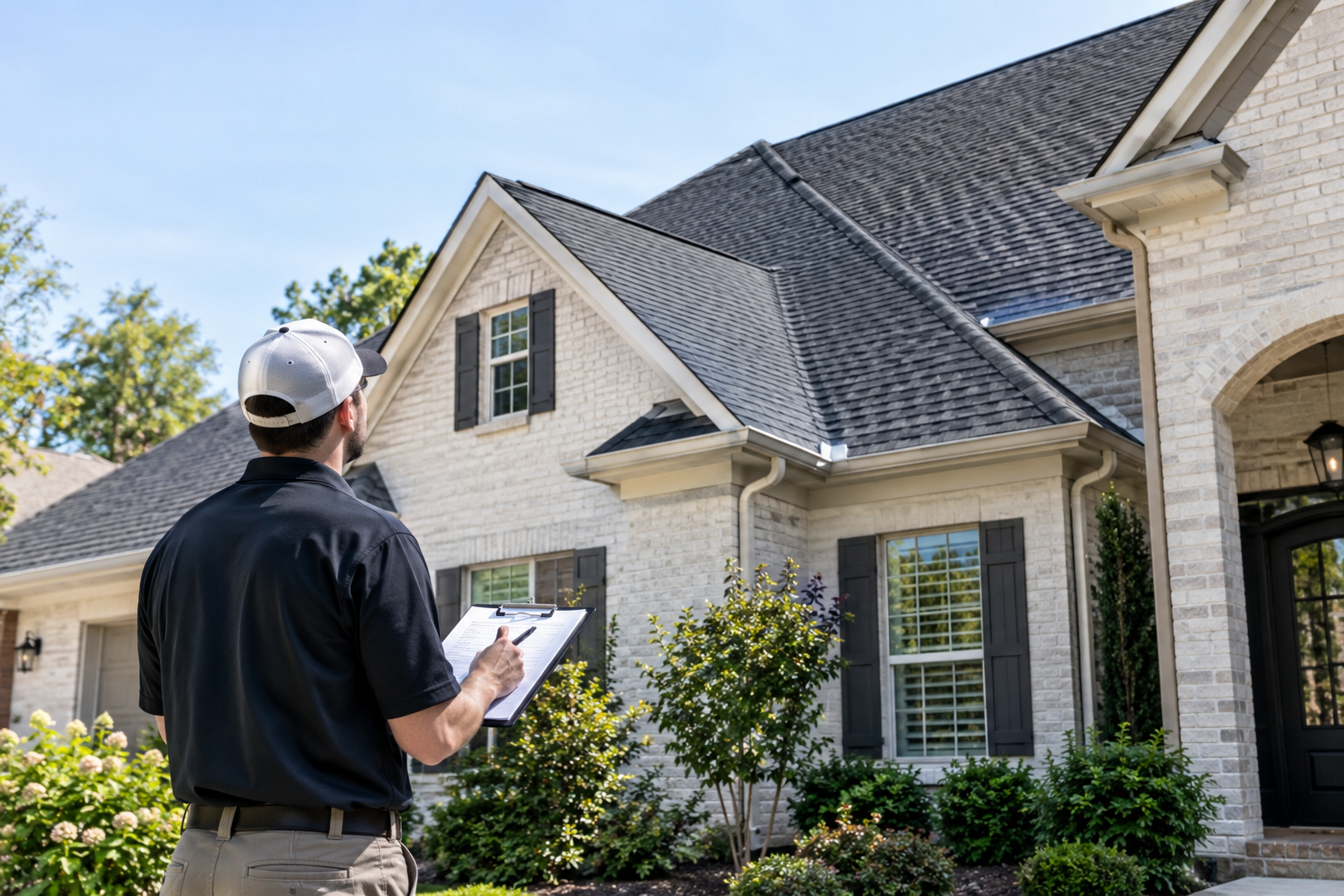 Kingdom Craft Construction team member inspecting a roof in Augusta