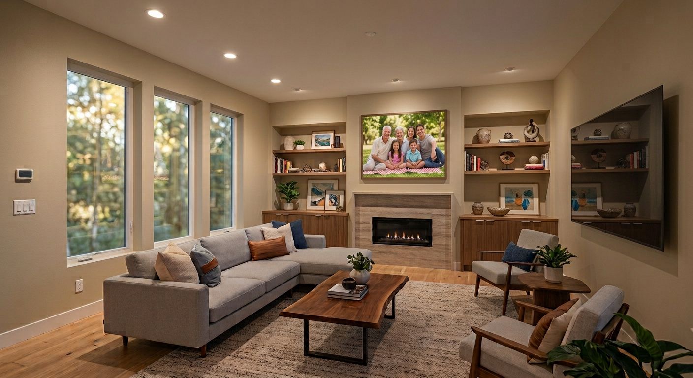 Bright, finished living room with warm lighting and a family portrait above the fireplace