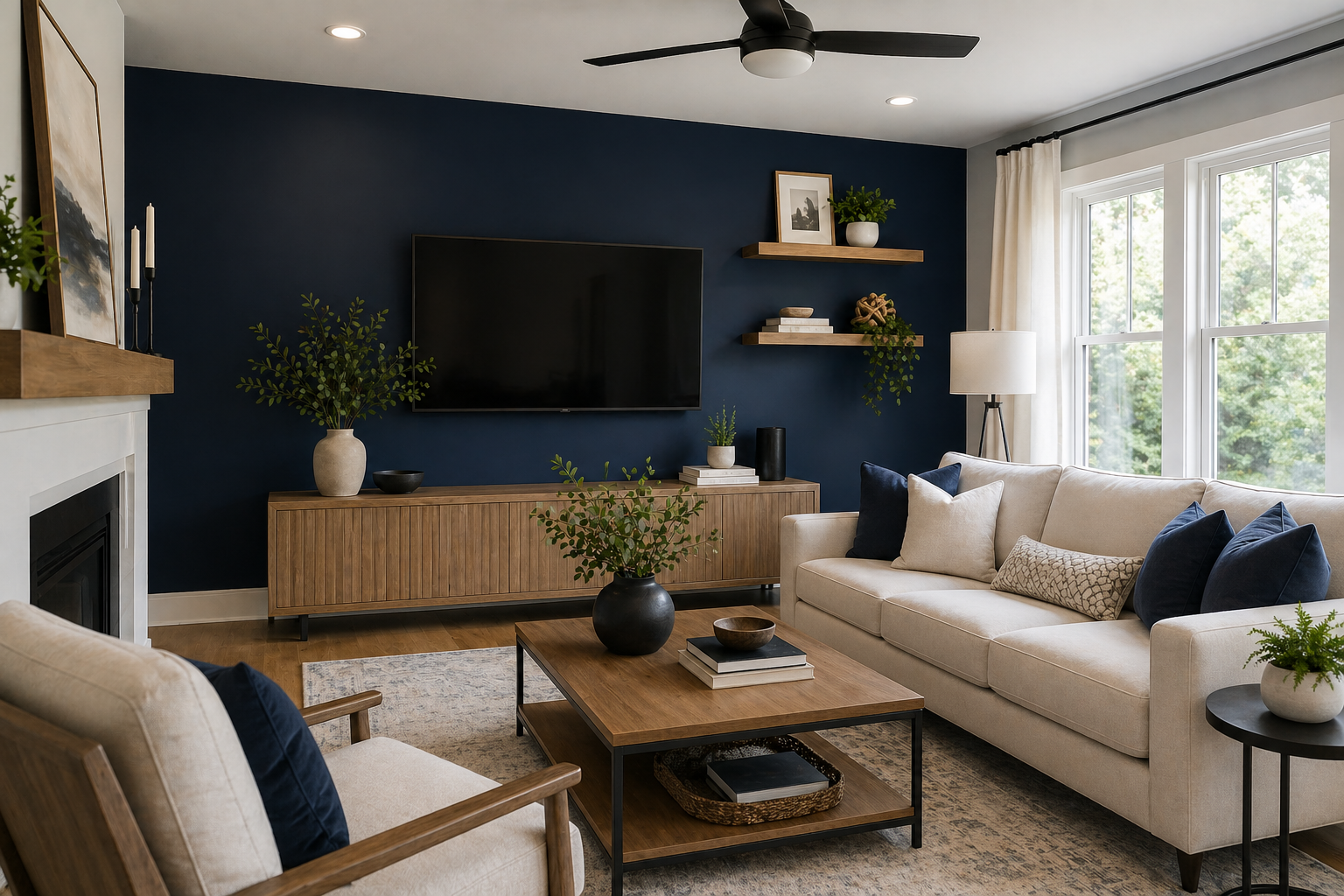 Living room with a freshly painted navy accent wall and crisp white trim