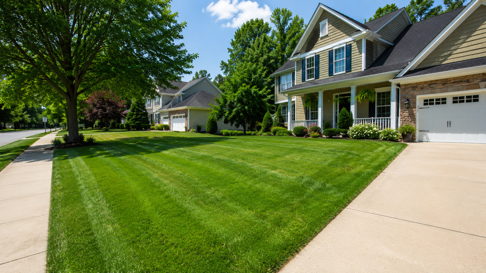 Freshly cut lawn care service in a clean residential yard