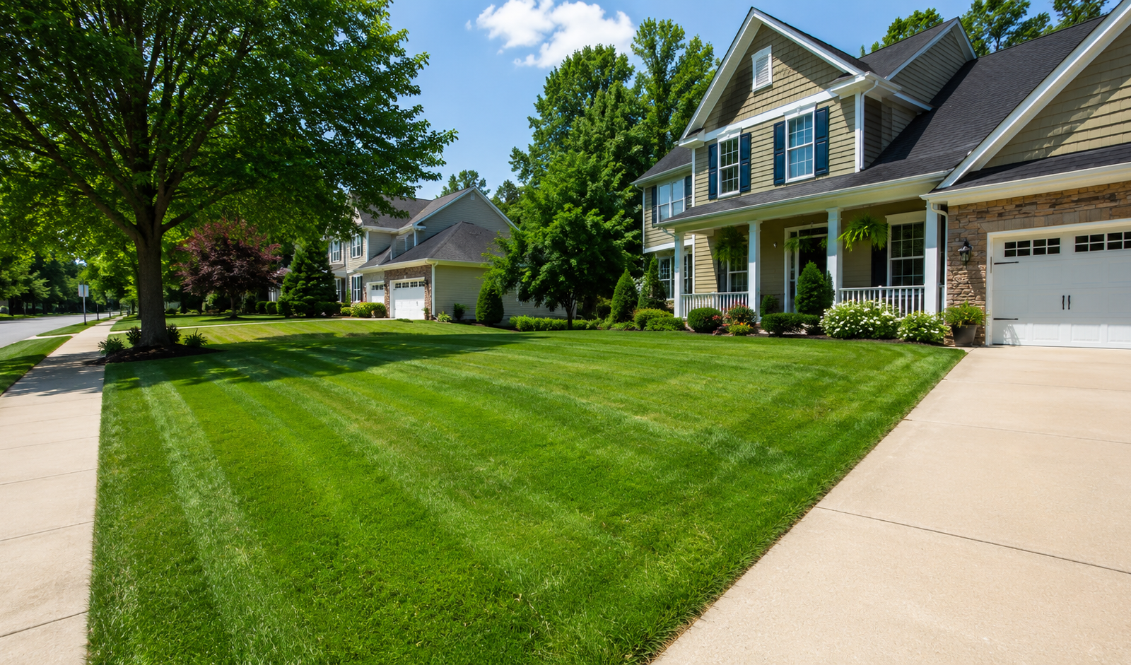 Freshly cut lawn care service in a clean residential yard