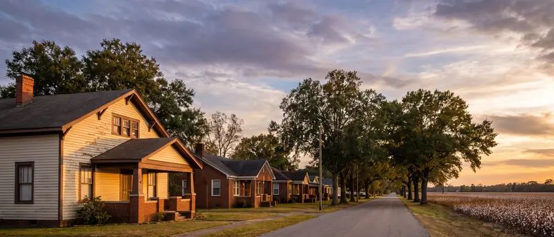 Quiet street in a small South Plains farm town with a cotton field at the end of the road