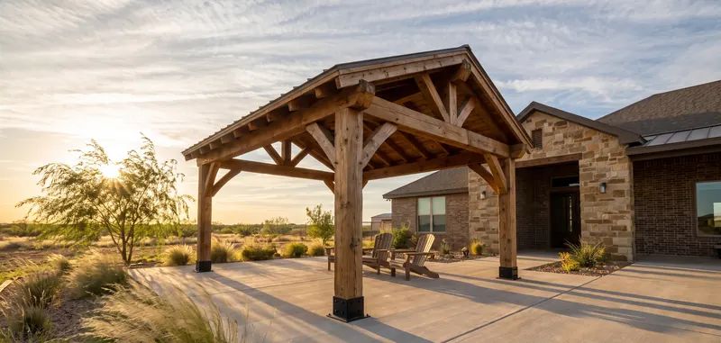 Freestanding cedar pavilion with knee braces on a patio behind a stone and brick home under a wide West Texas sky