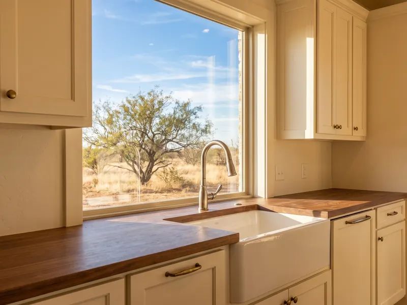 Kitchen sink window looking out to a West Texas backyard with a mesquite tree at midday