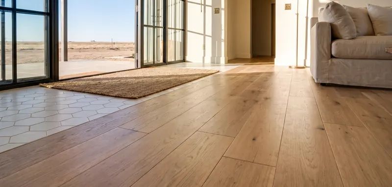 Sunlit living room with wide hickory plank flooring meeting hex tile at an entry in a West Texas home