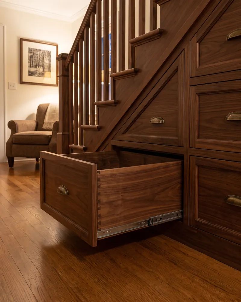 Wood drawers built into the side of a staircase, one drawer open to show dovetail joinery