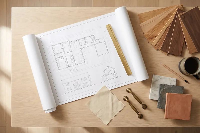 Floor plan drawing on an oak table with wood flooring samples, tile samples, and brass cabinet pulls