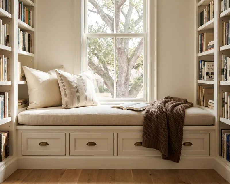 Built-in window seat reading nook with drawers and bookshelves on both sides