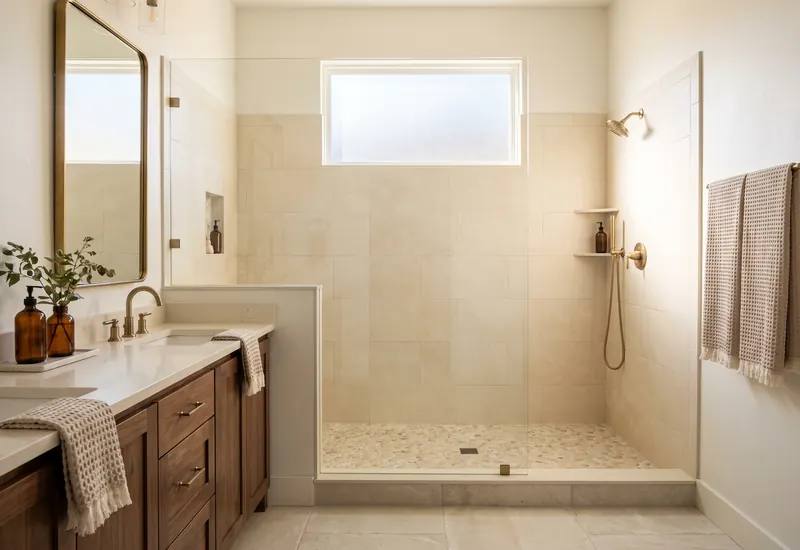 Finished walk-in shower with large pale porcelain wall tile, a low curb and a wood vanity nearby