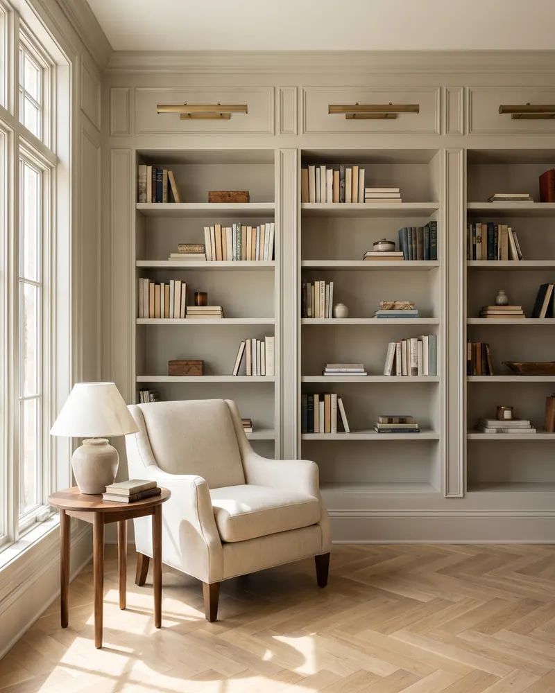 Custom built-in bookcase wall with paneled trim and a herringbone oak floor