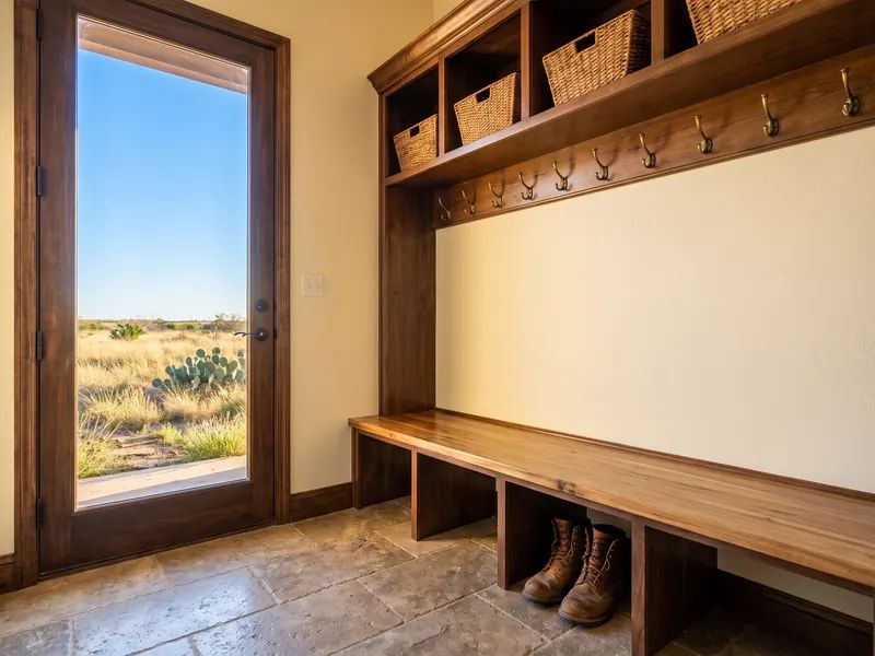 Mudroom bench with hooks and cubbies beside a door opening to a bright West Texas yard