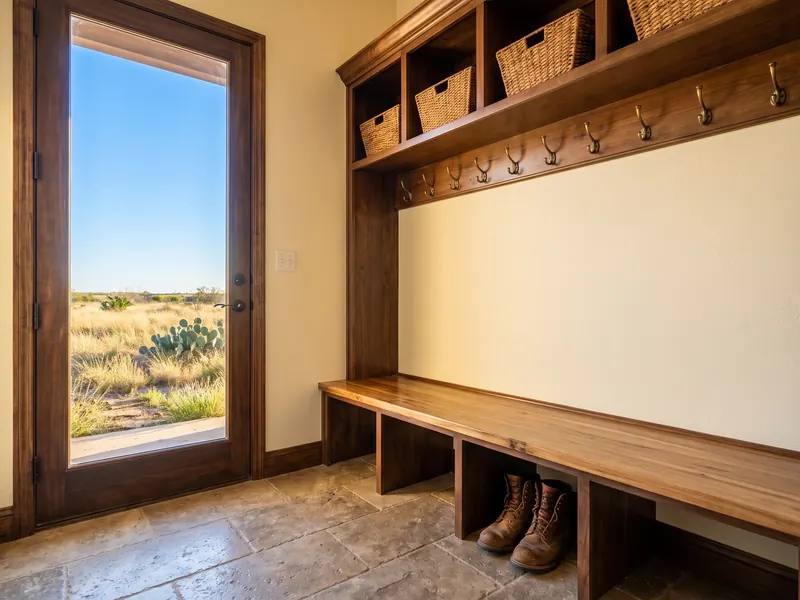Mudroom bench with hooks and cubbies beside a door opening to a bright West Texas yard