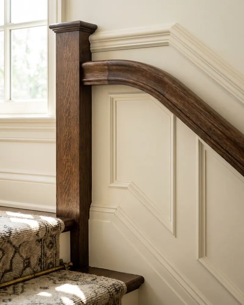 Stained oak stair newel post and handrail meeting a painted paneled wall with tight trim joints