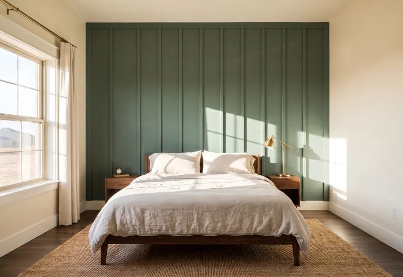 Bedroom with a painted board and batten feature wall, tall baseboard and soft morning light
