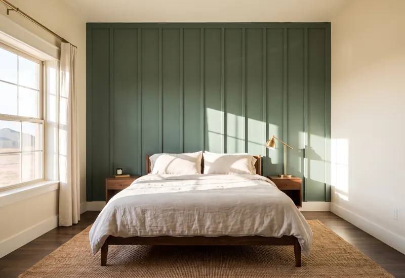 Bedroom with a painted board and batten feature wall, tall baseboard and soft morning light