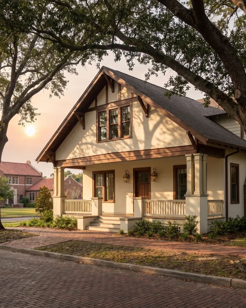Brick bungalow with a deep front porch on a tree-lined brick street in central Lubbock