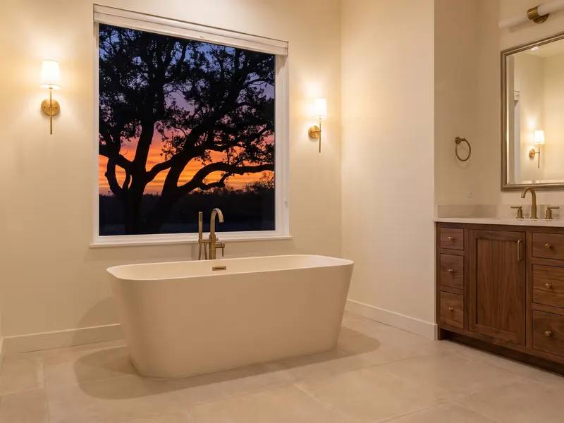 Freestanding tub under a window at dusk with warm light and a wide West Texas sky outside