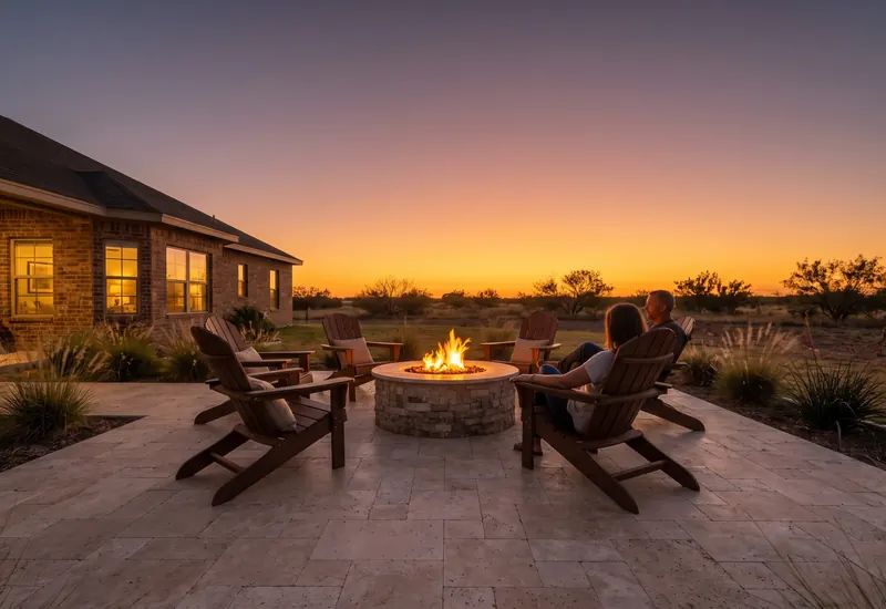 Round stone gas fire pit glowing at dusk on a travertine paver patio with chairs and a wide West Texas sunset