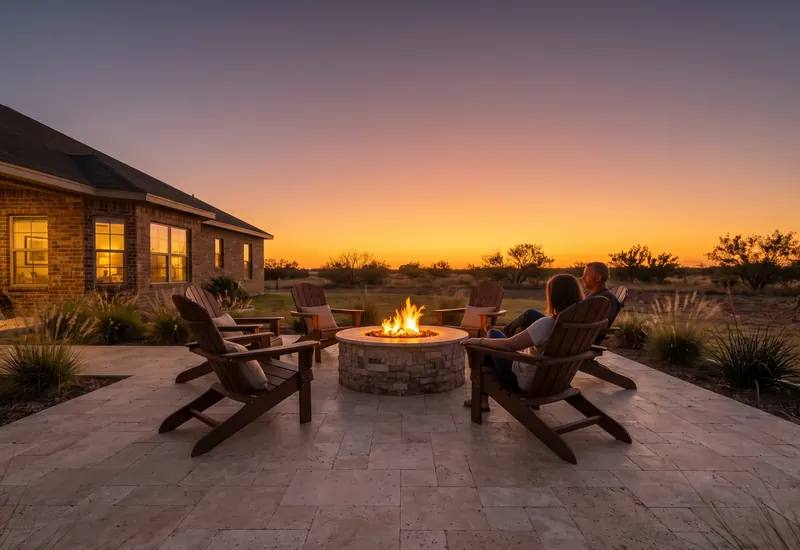 Round stone gas fire pit glowing at dusk on a travertine paver patio with chairs and a wide West Texas sunset