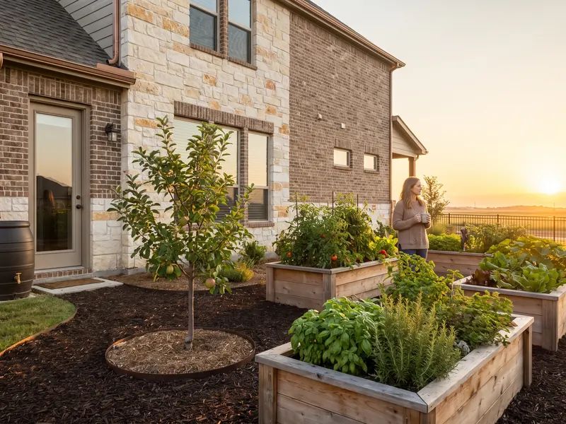 Backyard kitchen garden with cedar raised beds, a fruit tree and a rain barrel beside a stone and brick home at sunrise