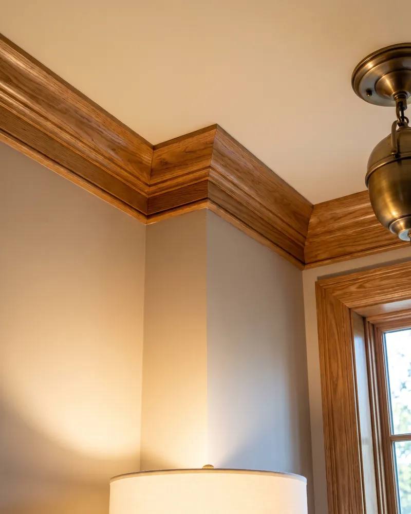 Close view of a coped inside corner in stained oak crown molding with tight grain-matched joints