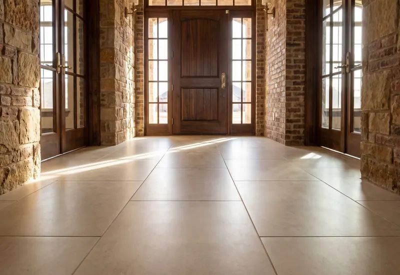 Large porcelain floor tile in a bright hallway with even grout lines running toward a front door