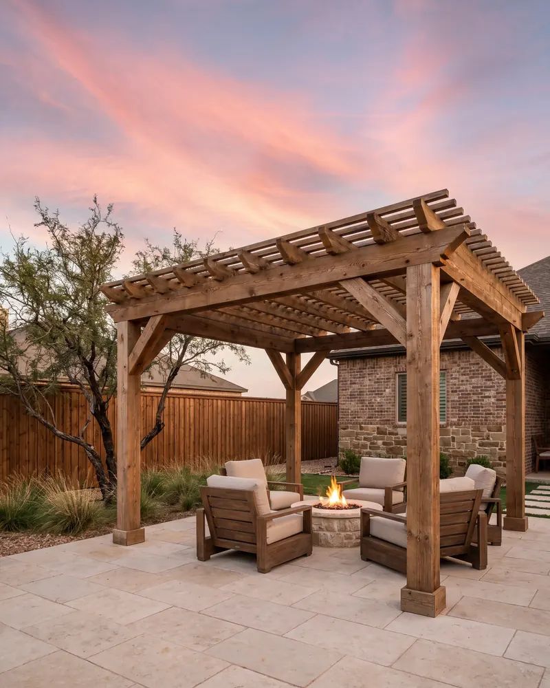 Cedar timber pergola over a limestone patio with a fire pit and lounge chairs under a wide evening sky