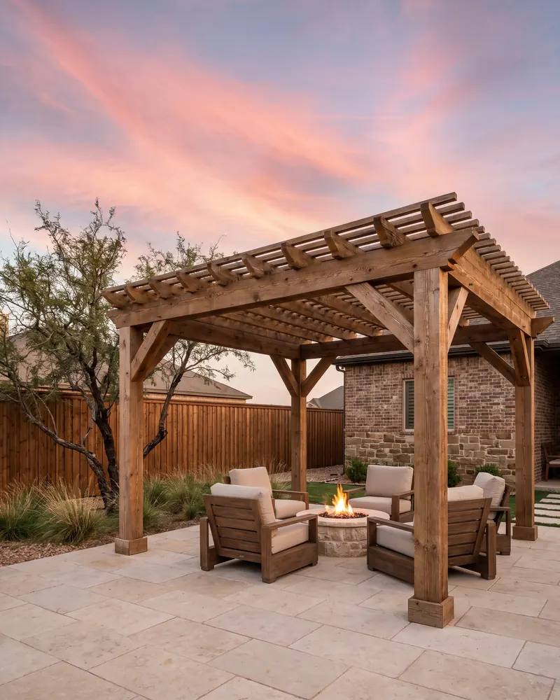 Cedar timber pergola over a limestone patio with a fire pit and lounge chairs under a wide evening sky