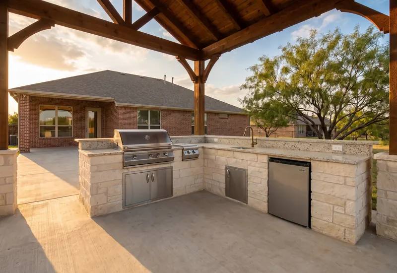 L-shaped limestone outdoor kitchen with built-in grill under a cedar pavilion at golden hour behind a brick ranch home