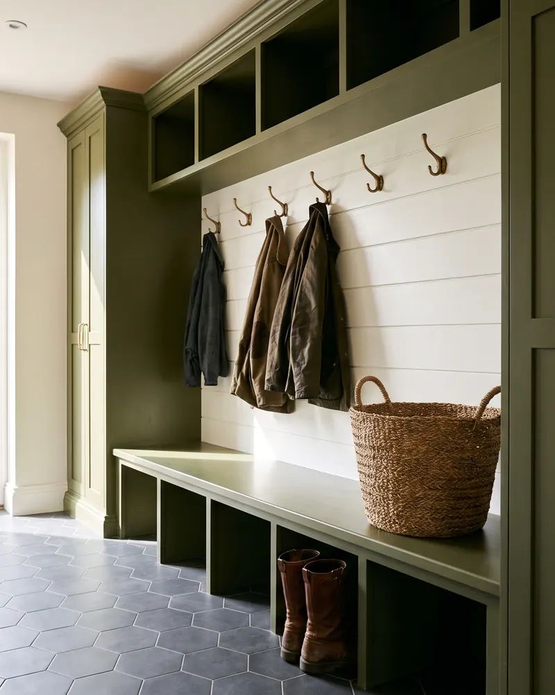 Mudroom with olive green built-in bench and cabinets, brass hooks, and a charcoal hexagon tile floor