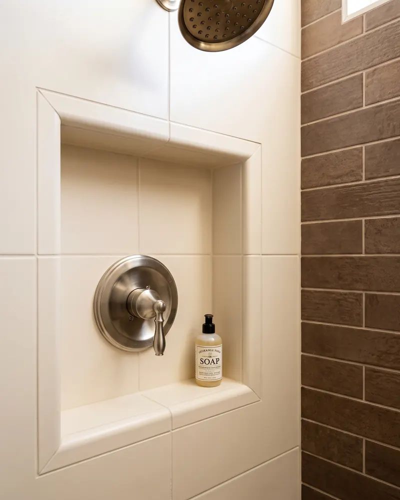 Close view of a tiled shower niche with a clean sealant joint and brushed nickel valve trim