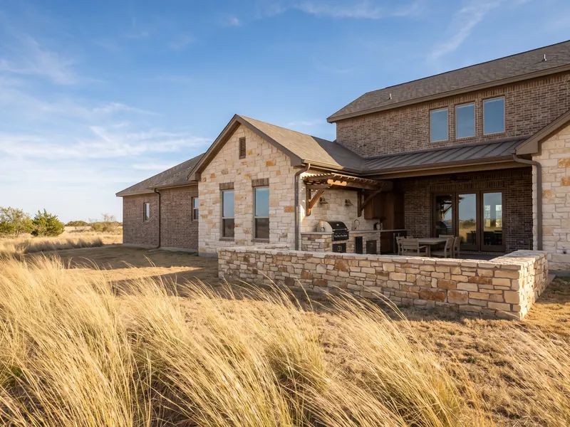 Outdoor kitchen sheltered behind a low stone wall beside a stone-and-brick home, native grasses bending in wind