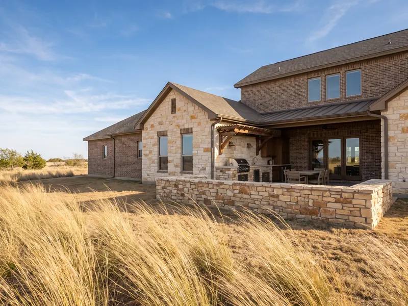 Outdoor kitchen sheltered behind a low stone wall beside a stone-and-brick home, native grasses bending in wind