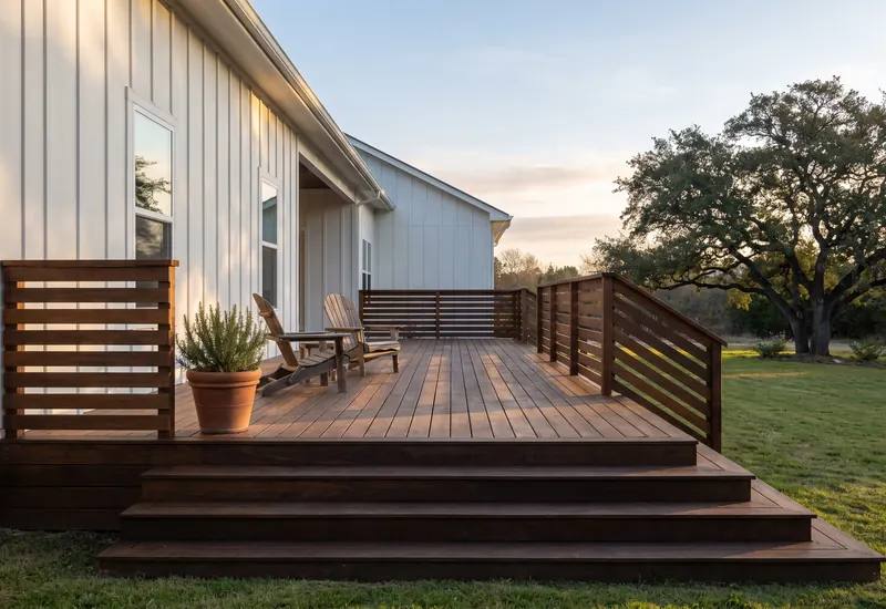 Low cedar deck with a horizontal slat railing and wide steps behind a white board and batten home in morning light