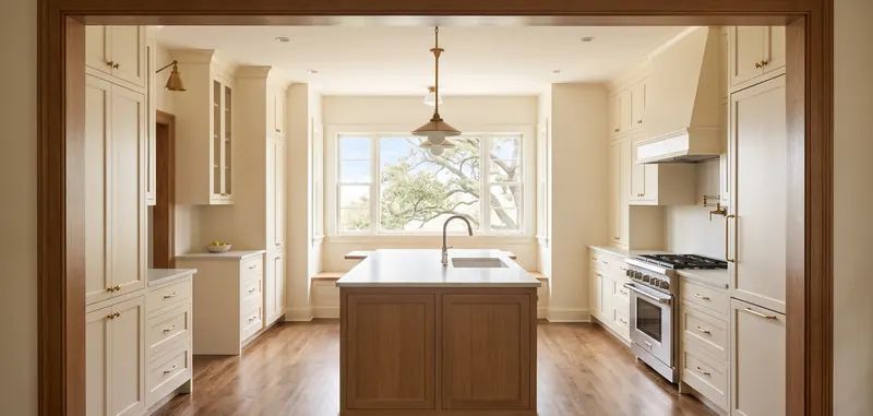 Finished kitchen in a Lubbock brick ranch home with an island sink and morning light through a wide opening