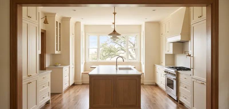 Finished kitchen in a Lubbock brick ranch home with an island sink and morning light through a wide opening