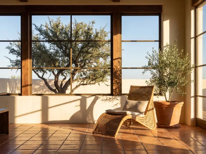 Terracotta tile floor in a sunroom with strong afternoon sun and a mesquite tree outside