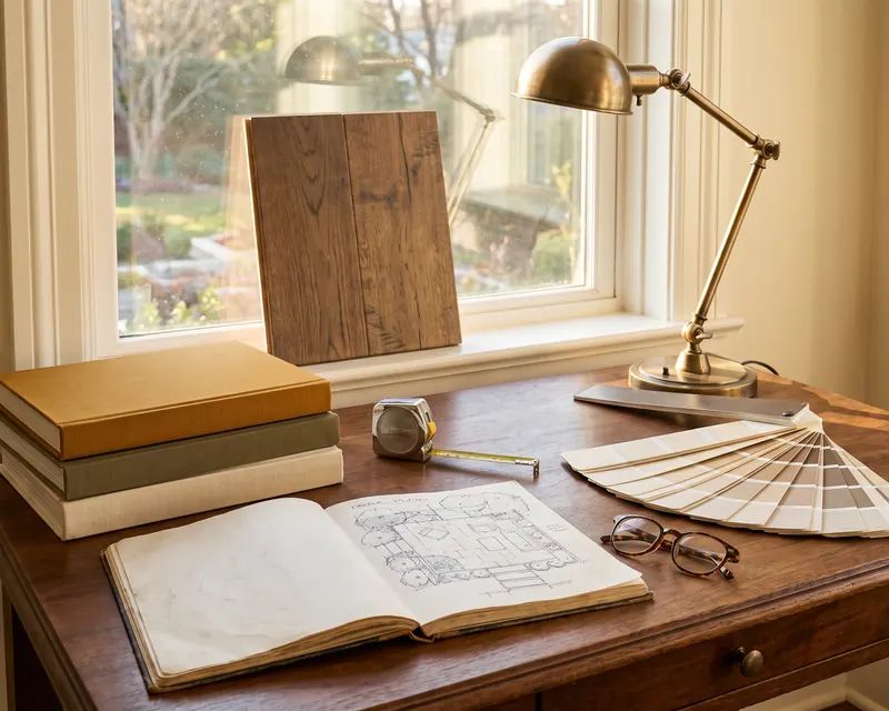 Desk by a window with design books, an open sketchbook, a wood sample, and a brass lamp