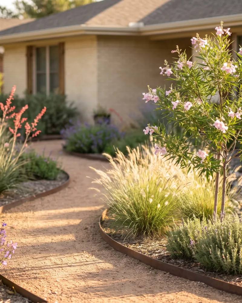 Decomposed granite garden path edged in steel with native grasses, red yucca, and a blooming desert willow