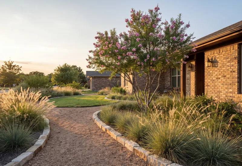 Front yard of native grasses, desert willow and a curving gravel path at a brick home in soft late afternoon light