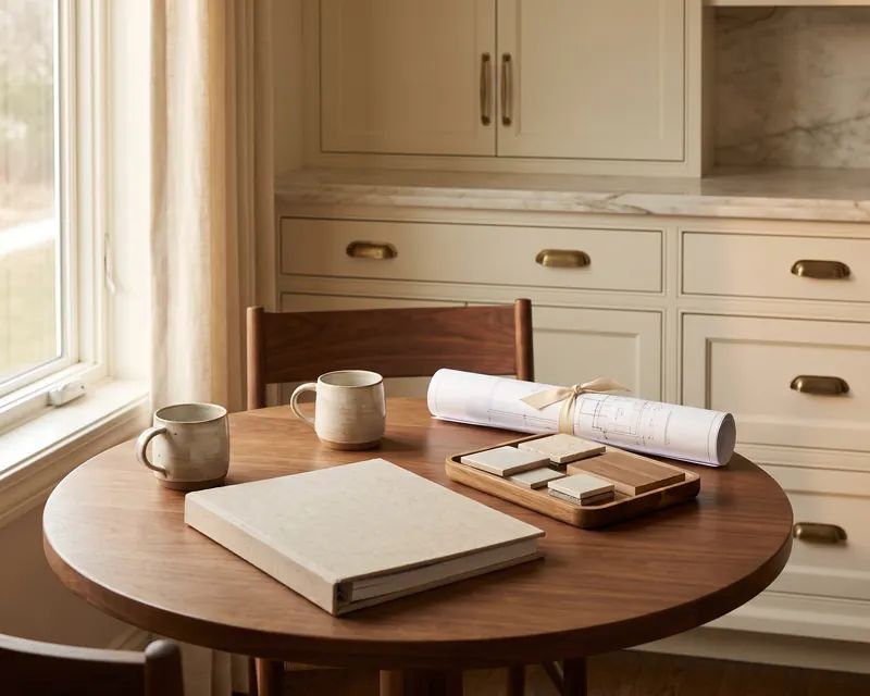 Breakfast table with a project binder, rolled drawings, a tray of tile and wood samples, and two mugs