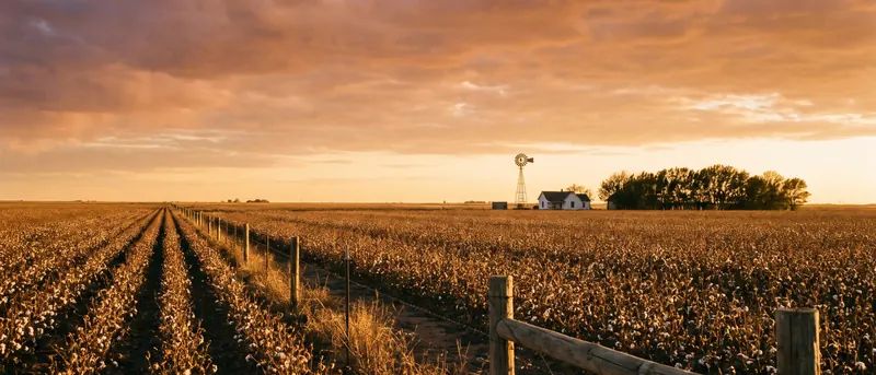 Rows of a cotton field running to the horizon at sunset with a distant farmhouse and windmill on the South Plains