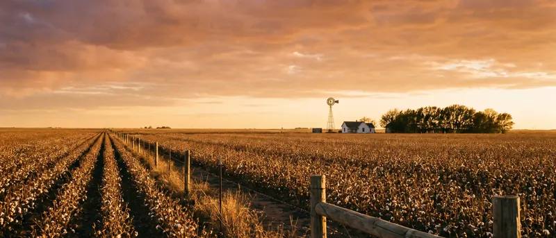 Rows of a cotton field running to the horizon at sunset with a distant farmhouse and windmill on the South Plains