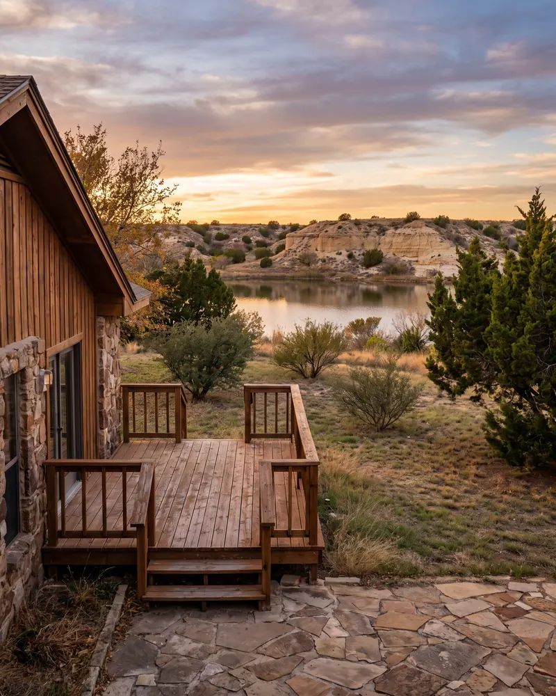 Multi-level wood deck on a hillside home overlooking a canyon lake at sunset