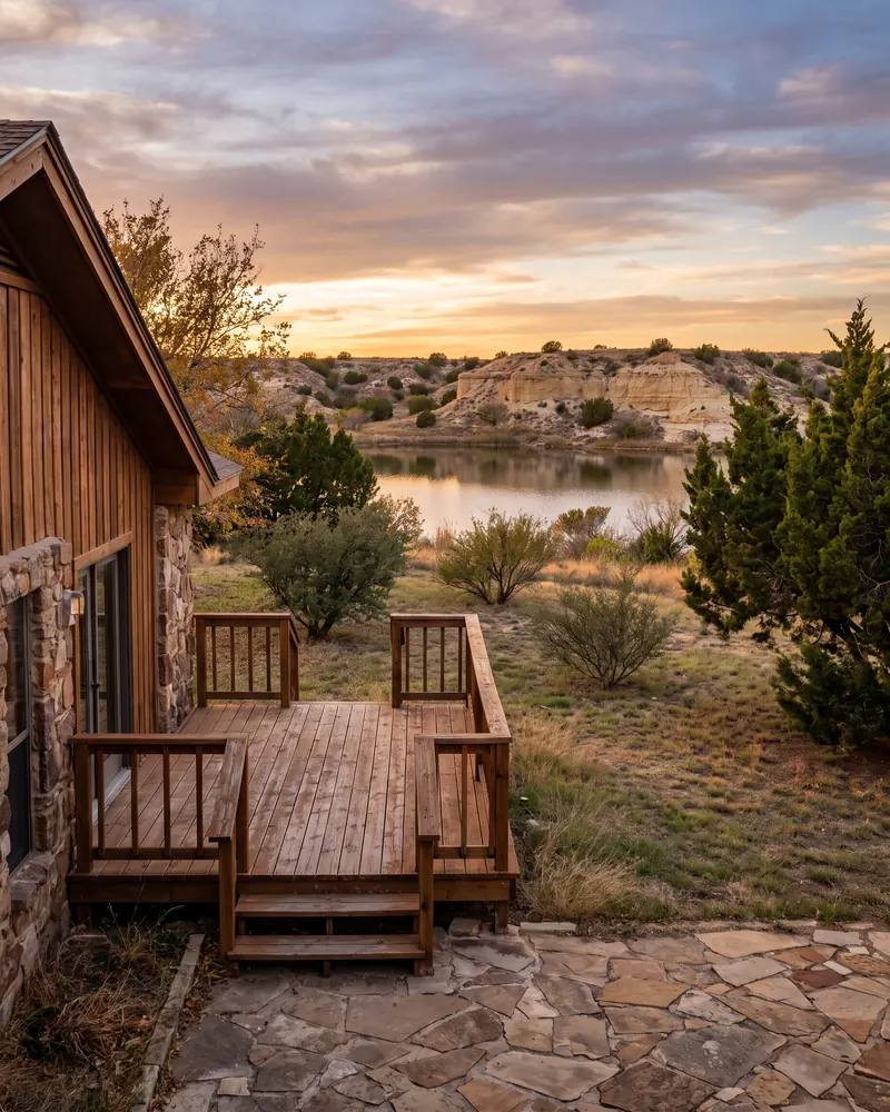 Multi-level wood deck on a hillside home overlooking a canyon lake at sunset