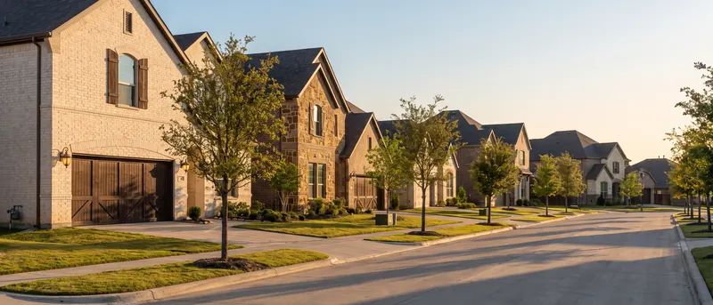 Newer southwest Lubbock street with stone-and-brick homes and young trees in morning light