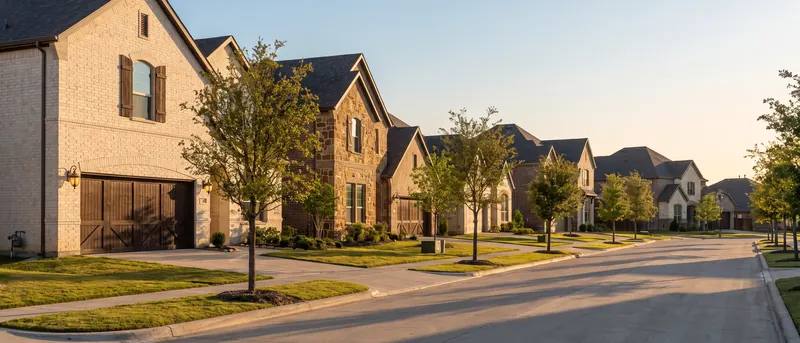 Newer southwest Lubbock street with stone-and-brick homes and young trees in morning light